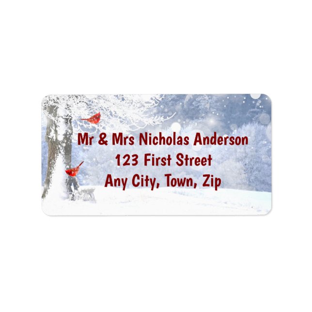 Red Cardinal Birds Christmas snowy Trees Label (Front)