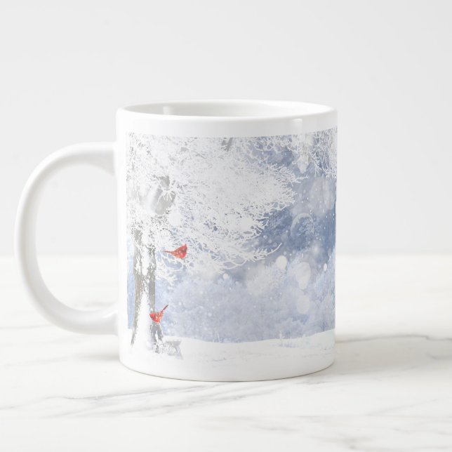 Red Cardinal Birds Christmas snowy Trees Large Coffee Mug (Left)