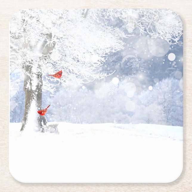 Red Cardinal Birds Christmas snowy Trees Square Paper Coaster (Front)