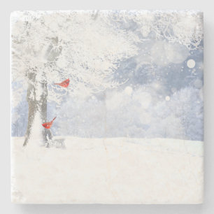 Red Cardinal Birds Christmas snowy Trees Stone Coaster