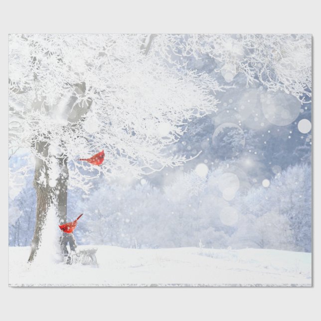 Red Cardinal Birds Christmas snowy Trees Wrapping Paper (Flat)