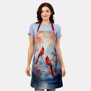 Red Cardinal Birds in a Misty Forest Apron