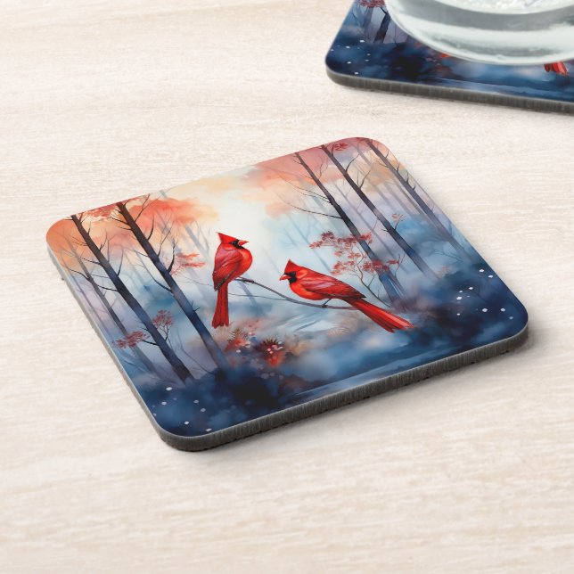 Red Cardinal Birds in a Misty Forest Coaster (Left Side)