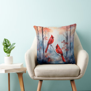 Red Cardinal Birds in a Misty Forest Cushion