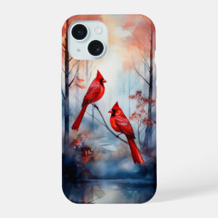 Red Cardinal Birds in a Misty Forest iPhone 15 Case