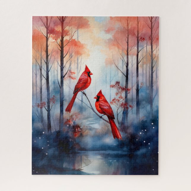 Red Cardinal Birds in a Misty Forest Jigsaw Puzzle (Vertical)
