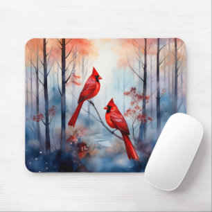 Red Cardinal Birds in a Misty Forest Mouse Pad