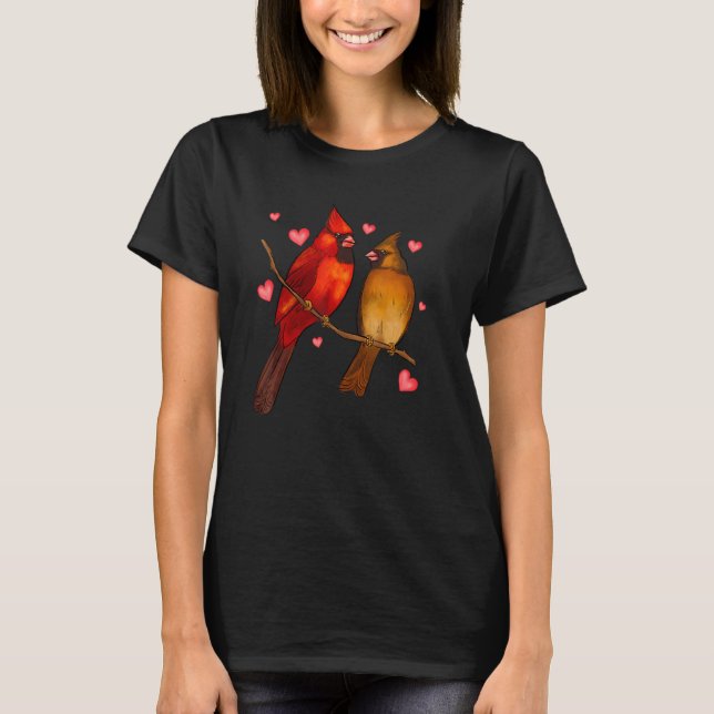 Red Cardinal Birds Love Hearts Valentine's Day For T-Shirt (Front)