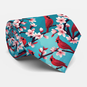Red Cardinal Birds on Cherry Blossom Branches Tie