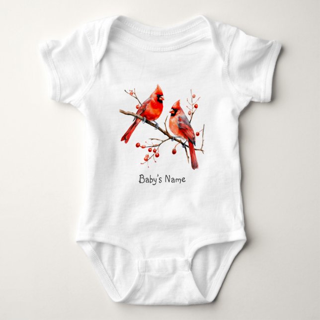 Red Cardinal Birds on Holly Tree Branch Baby Bodysuit (Front)