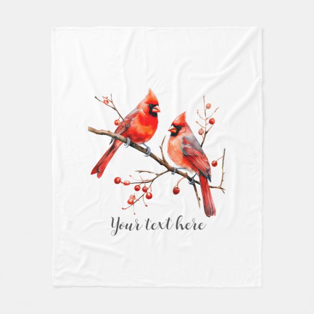 Red Cardinal Birds on Holly Tree Branch Fleece Blanket (Front)