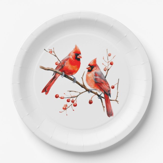 Red Cardinal Birds on Holly Tree Branch Paper Plate (Front)