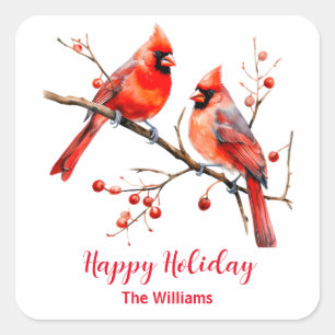 Red Cardinal Birds on Holly Tree Branch Square Sticker