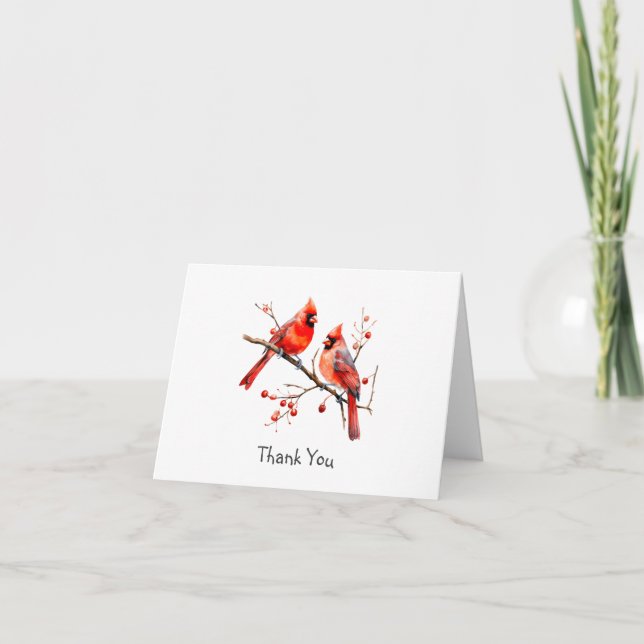 Red Cardinal Birds on Holly Tree Branch Thank You Card (Front)