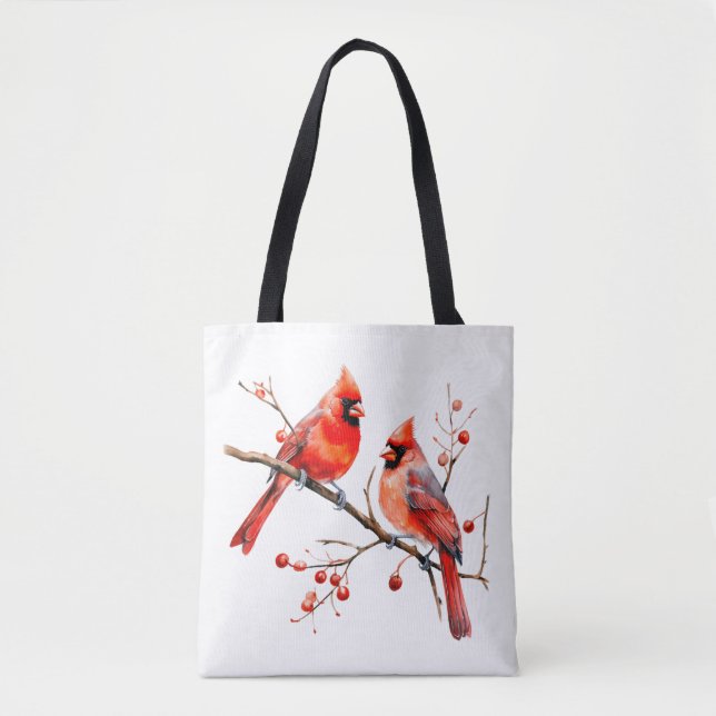 Red Cardinal Birds on Holly Tree Branch Tote Bag (Front)