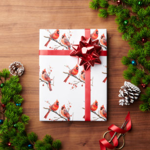 Red Cardinal Birds on Holly Tree Branch Wrapping Paper