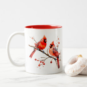 Red Cardinal Birds on Tree Branch Two-Tone Coffee Mug