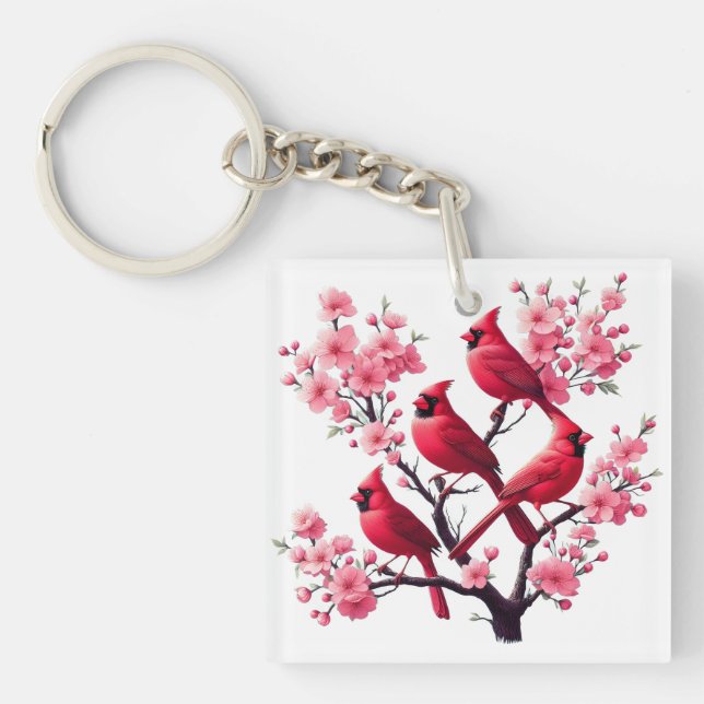 Red Cardinal Birds Pink Cherry Blossom Tree Bird Key Ring (Front)