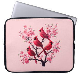 Red Cardinal Birds Pink Cherry Blossom Tree Bird Laptop Sleeve