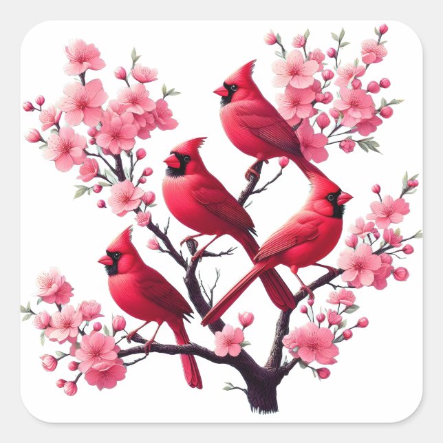 Red Cardinal Birds Pink Cherry Blossom Tree Bird Square Sticker (Front)
