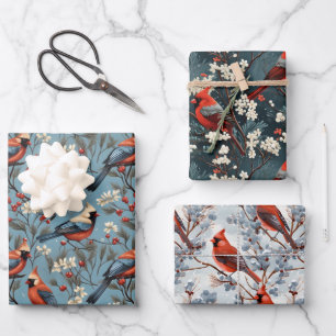 Red Cardinal Birds Winter Berry Wrapping Paper Sheet