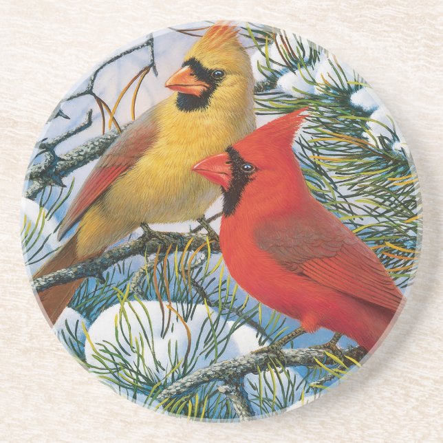 Red Cardinal Birds Winter Snow Ceramic Sandstone Coaster (Front)