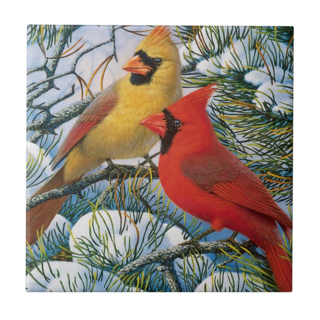 Red Cardinal Birds Winter Snow Ceramic Tile (Front)