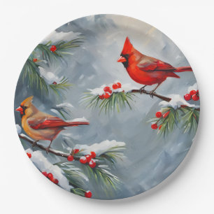 Red Cardinal Birds with Wild Forest Berries  Paper Plate