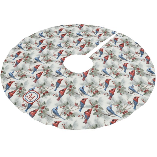Red Cardinal Blue Jay Monogram Brushed Polyester Tree Skirt (Angled)