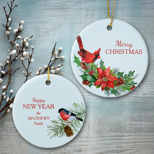 Red Cardinal Bull Finch Poinsettia Ceramic Ornament