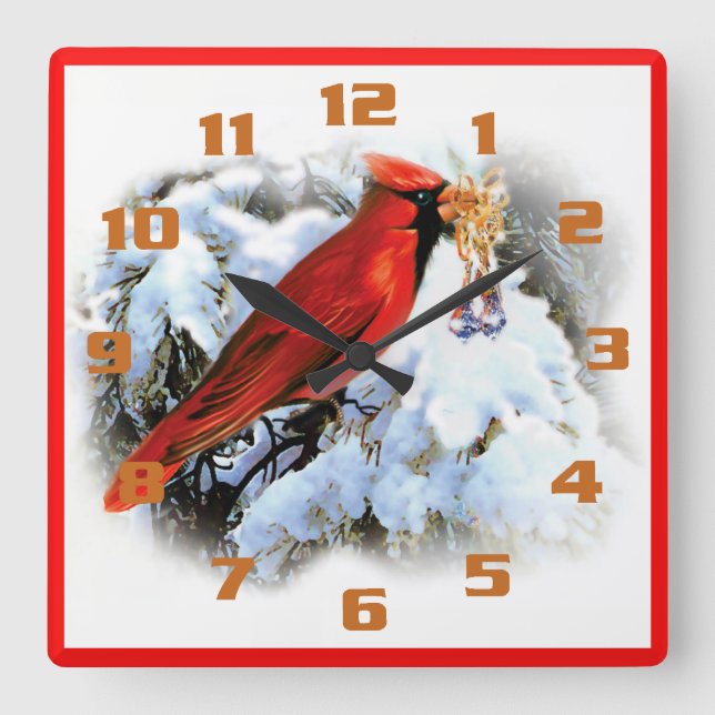 Red Cardinal Christmas Bells Rustic Holiday Square Wall Clock (Front)