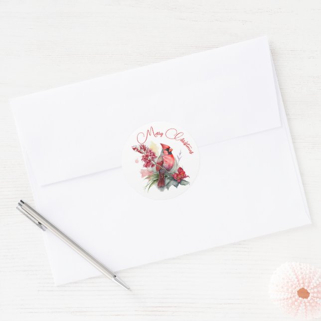 Red Cardinal Christmas Classic Round Sticker (Envelope)