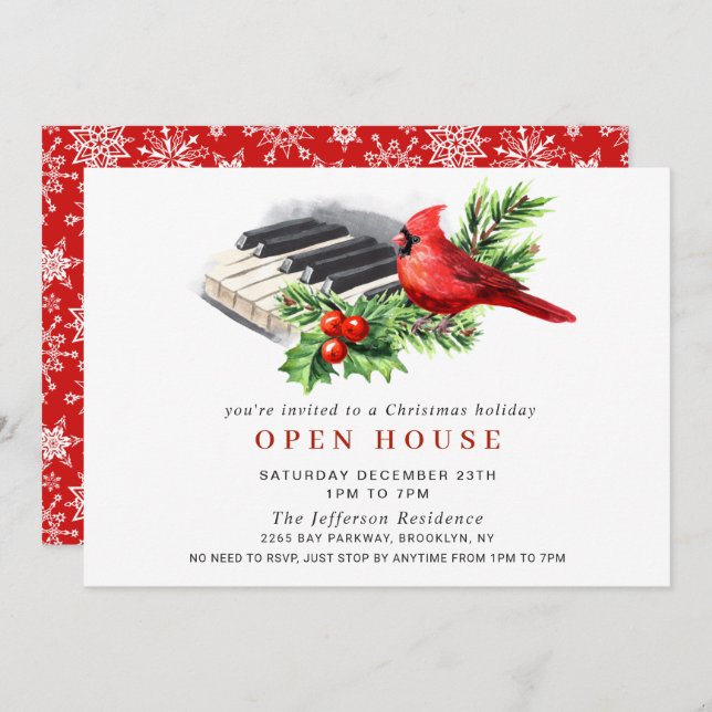 Red Cardinal Christmas HOLIDAY OPEN HOUSE Invitation (Front/Back)