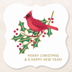 Red Cardinal Christmas Holly Berries Paper Coaster