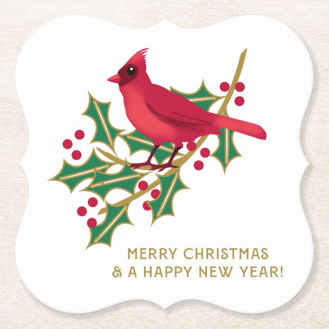 Red Cardinal Christmas Holly Berries Paper Coaster (Front)