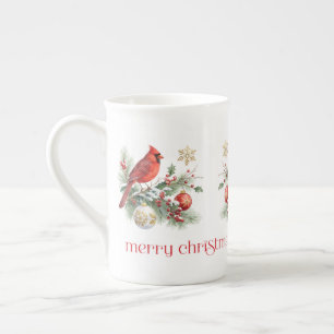 Red Cardinal Christmas Holly Bouquet Bone China Mug