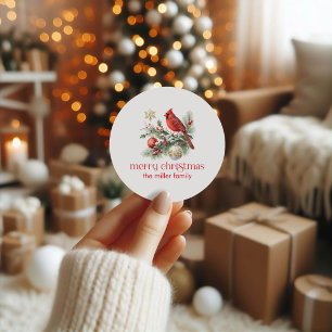 Red Cardinal Christmas Holly Bouquet Classic Round Sticker