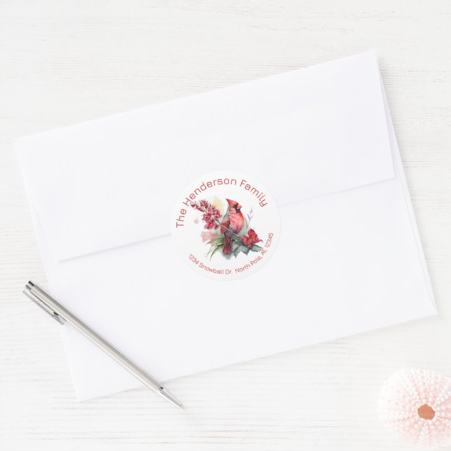 Red Cardinal Christmas Return Address Classic Round Sticker (Envelope)