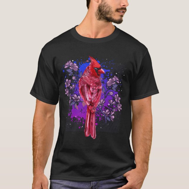Red Cardinal Floral Bird Watching Flowers Bird T-Shirt (Front)
