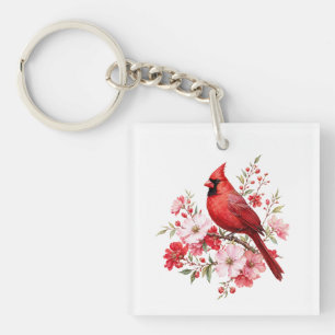 Red Cardinal Floral Birdwatcher Watercolor Nature Key Ring
