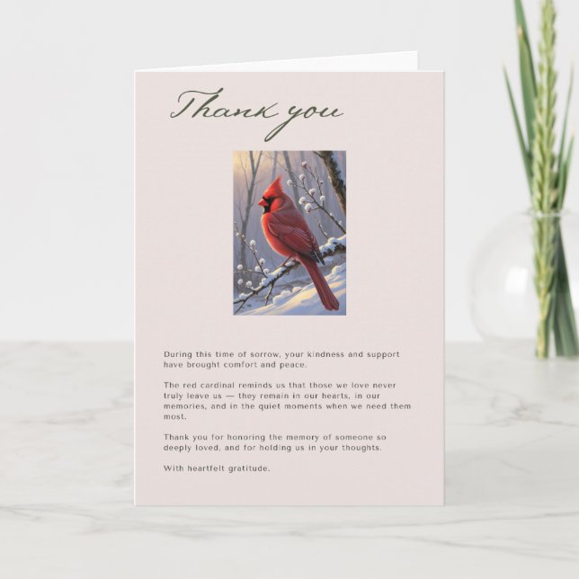 Red Cardinal Funeral Memorial Thank You Card (Front)
