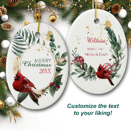 Red Cardinal Green Leaf Wreath Holiday Ceramic Ornament