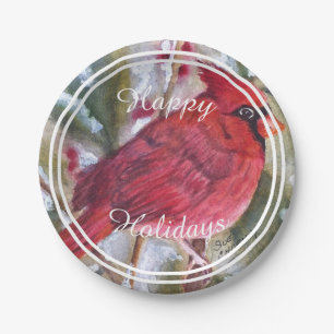Red Cardinal Happy Holiday Party Paper Plate