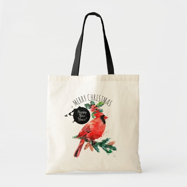 Red Cardinal Happy New Year Merry Christmas Tote Bag (Front)