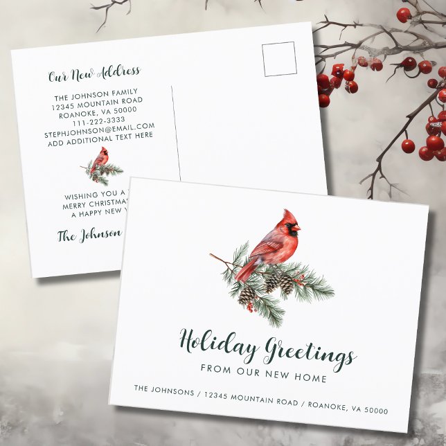 Red Cardinal Holiday Greetings from New Home   Announcement Postcard (Red Cardinal Holiday Greetings from New Home Moving Announcement Postcard)