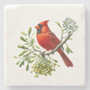Red Cardinal Holiday Mistletoe Stone Coaster