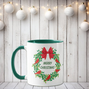 Red Cardinal Holiday Wreath Personalised Mug