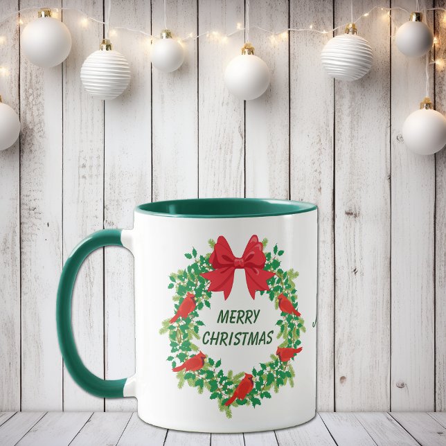 Red Cardinal Holiday Wreath Personalised Mug (Creator Uploaded)