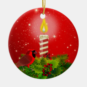 Red Cardinal, Holly and Candle Ceramic Ornament