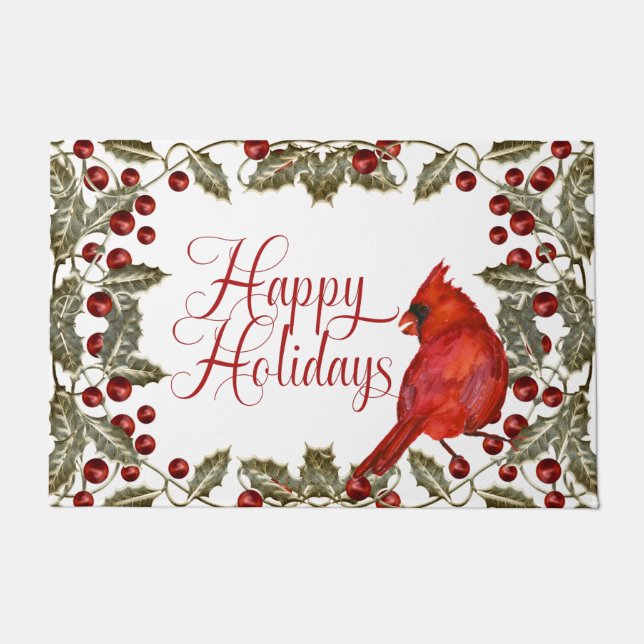 Red Cardinal Holly and Red Berries Happy Holidays Doormat (Front)
